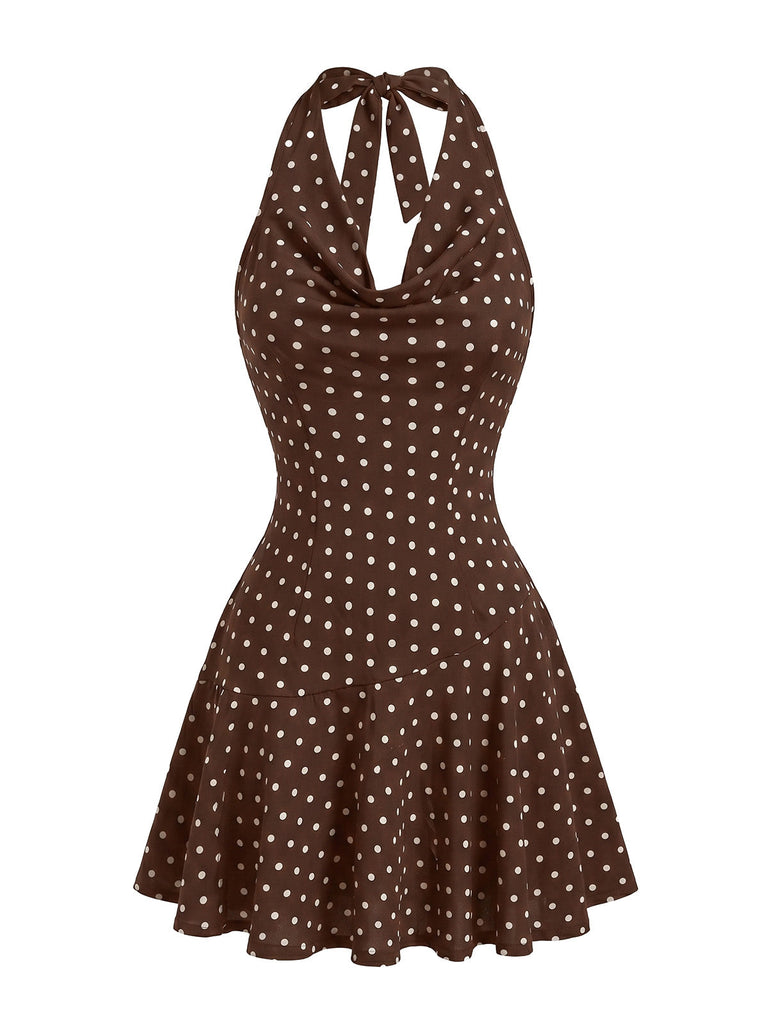 Dark Brown 1960s Polka Dot Halter Backless Dress, vintage dress, retro fashion - perfect for women who love vintage and retro fashion