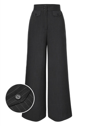 She walks in these Dark Gray 1940s Pinstripes Wide-Leg Pants and the world follows
