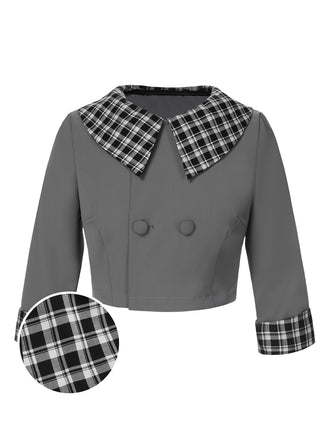 Dark Gray 1950s Lapel Rolled Sleeve Plaid Short Coat, vintage coat, retro outerwear - perfect for women who love vintage and retro fashion