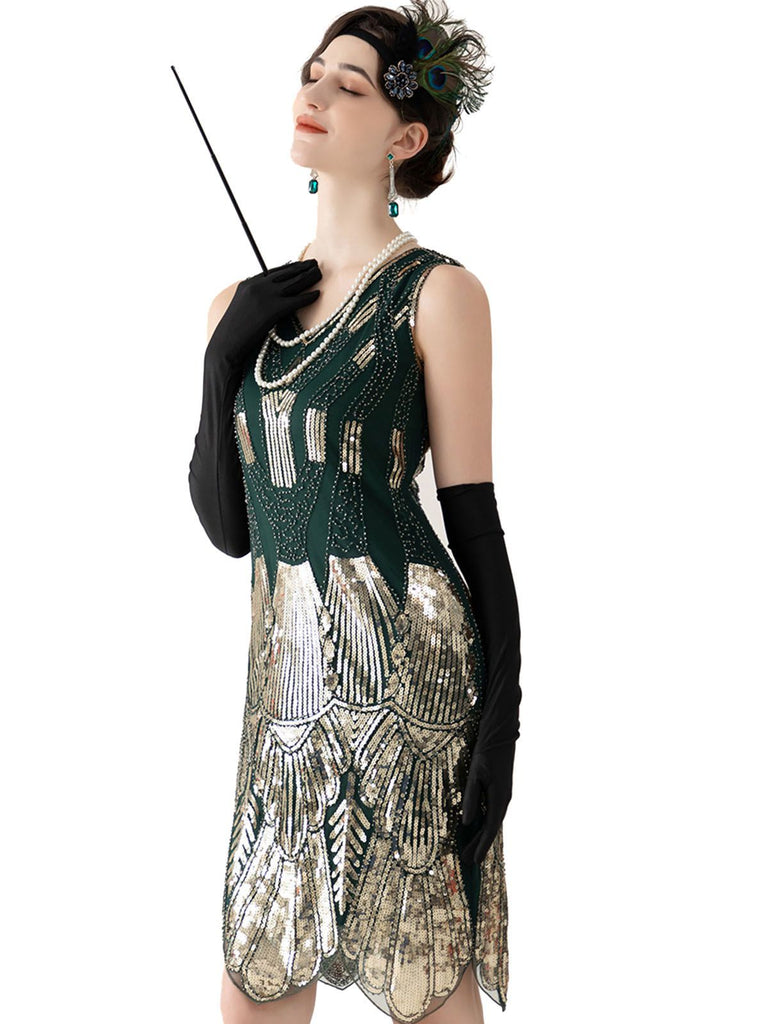 Dark Green 1920s V-Neck Sequined Flapper Dress: where 1920s romance meets her modern spirit