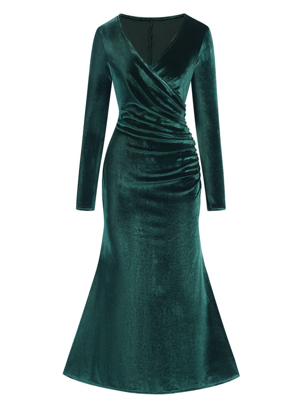 Retro Stage V-Neck Velvet Mermaid Dress Dark Green