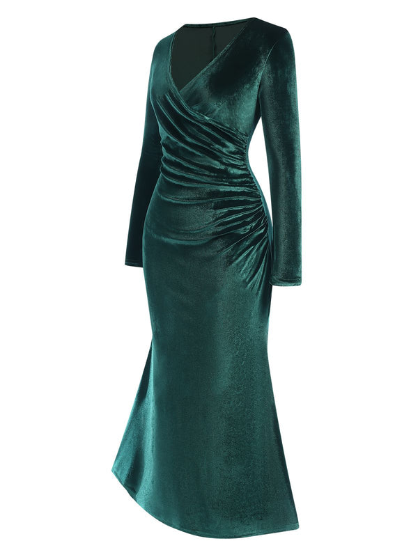Retro Stage V-Neck Velvet Mermaid Dress Dark Green Retro Stage V-Neck Velvet Mermaid Dress Dark Green