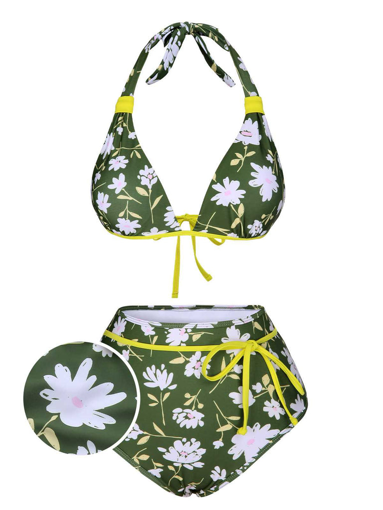 She's wearing Dark Green 1940s Halter Bow Floral Swimsuit and the whole beach remembers the 1940s