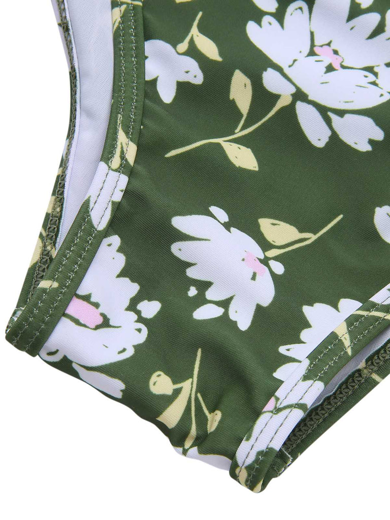 Dark Green 1940s Halter Bow Floral Swimsuit: 1940s Riviera elegance, reimagined for her