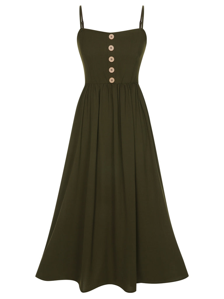 Dark Green 1940s Solid Button Sling Dress, vintage dress, retro fashion - perfect for women who love vintage and retro fashion