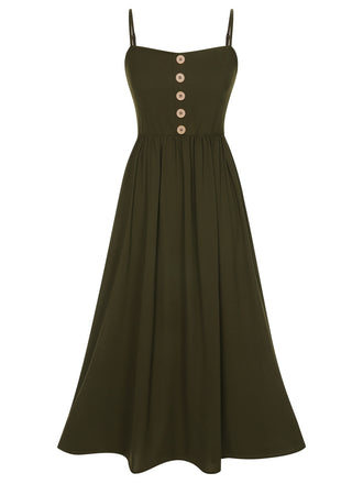 Dark Green 1940s Solid Button Sling Dress, vintage dress, retro fashion - perfect for women who love vintage and retro fashion