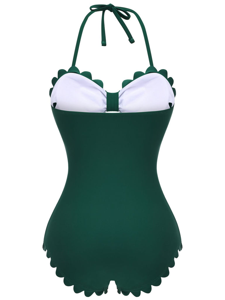 Dark Green 1940s Solid Halter One-piece Swimsuit, vintage swimsuit, pin-up swimwear - perfect for women who love vintage and retro fashion