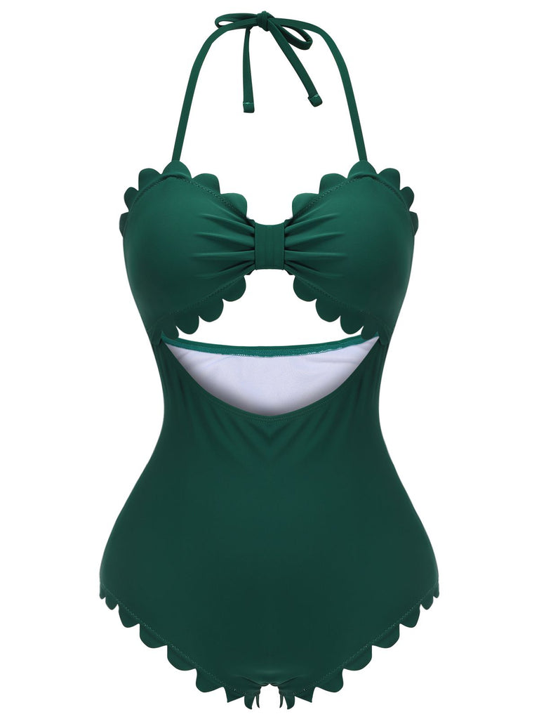 Dark Green 1940s Solid Halter One-piece Swimsuit, vintage swimsuit, pin-up swimwear - perfect for women who love vintage and retro fashion