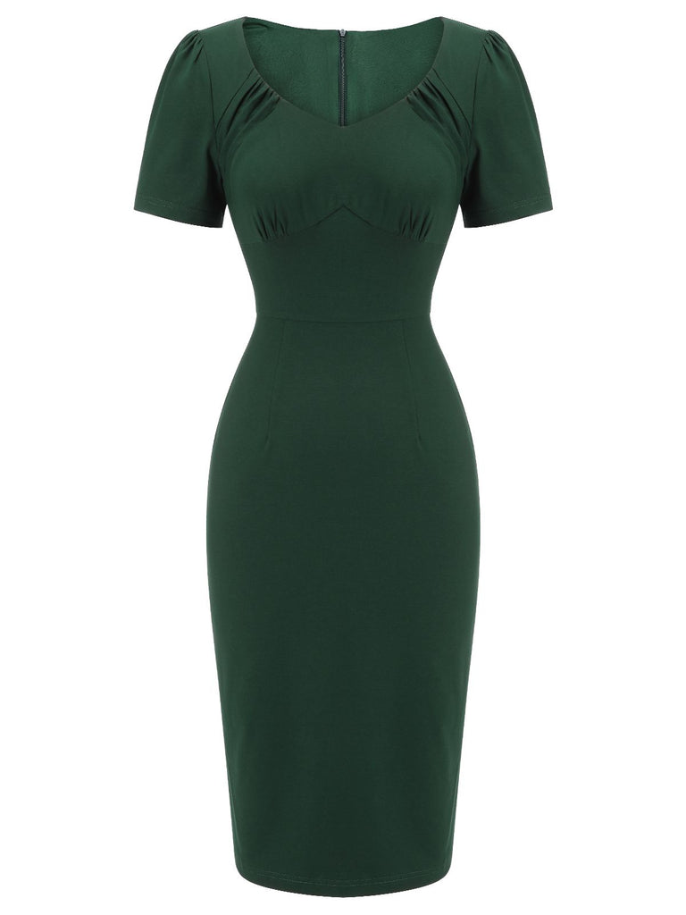 Retro Stage Solid High Waist Bodycon Midi Pencil Dress Dark Green,XXL