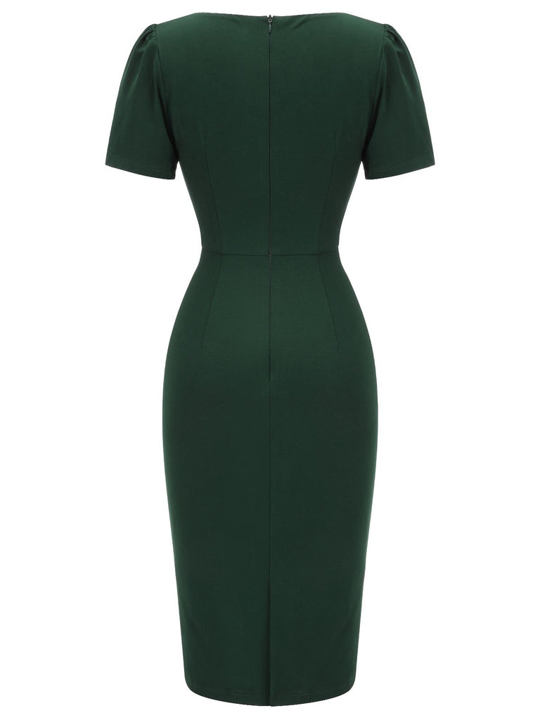 Retro Stage Solid High Waist Bodycon Midi Pencil Dress Dark Green,XXL