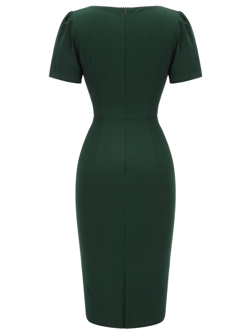 Retro Stage Solid High Waist Bodycon Midi Pencil Dress Dark Green,XXL