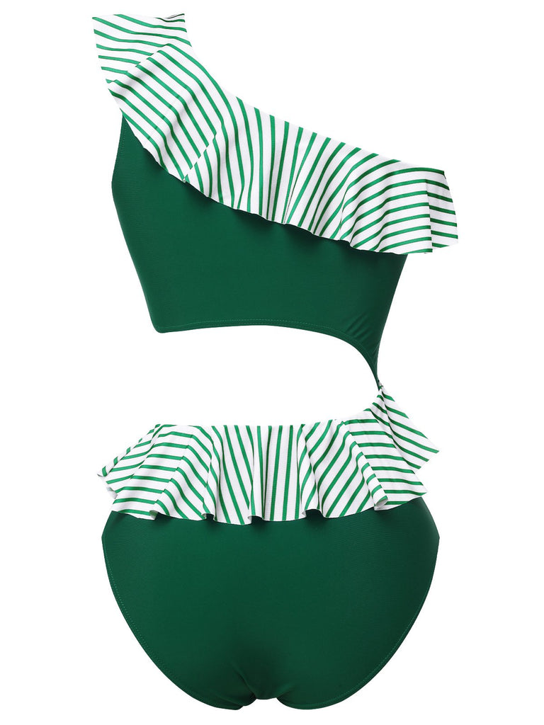 Dark Green 1940s Striped Ruffled Swimsuit, vintage swimsuit, pin-up swimwear - perfect for women who love vintage and retro fashion