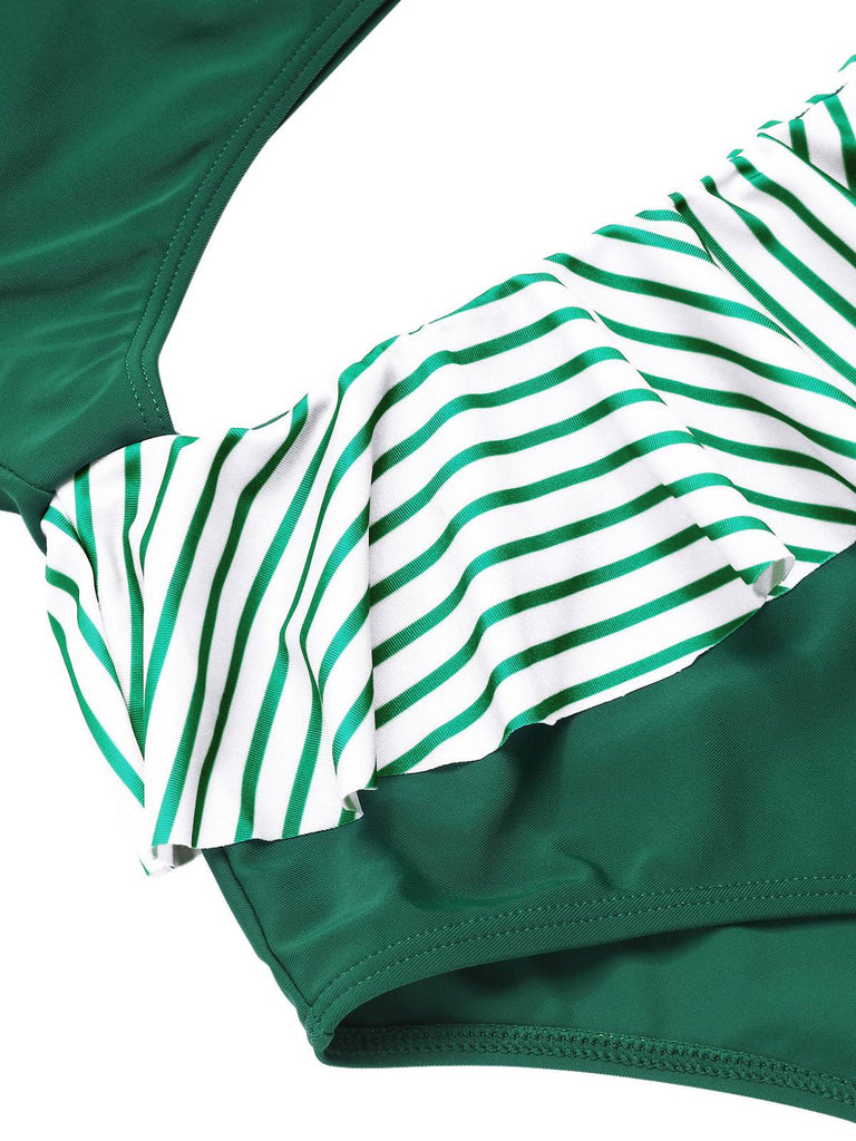 Dark Green 1940s Striped Ruffled Swimsuit, vintage swimsuit, pin-up swimwear - perfect for women who love vintage and retro fashion