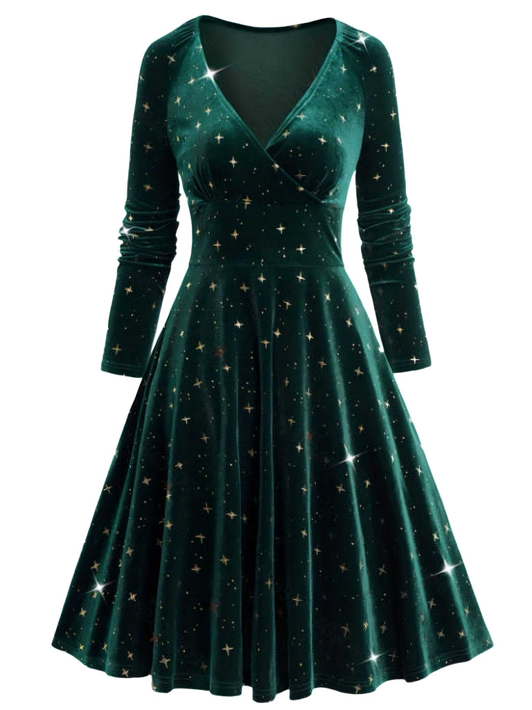 Retro Stage V-Neck Star Velvet Midi Dress | Holiday Dress | Dark Green Retro Stage V-Neck Star Velvet Midi Dress | Holiday Dress | Dark Green