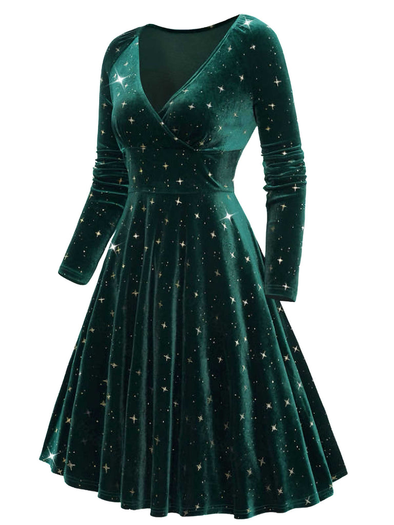 Retro Stage V-Neck Star Velvet Midi Dress | Holiday Dress | Dark Green Retro Stage V-Neck Star Velvet Midi Dress | Holiday Dress | Dark Green