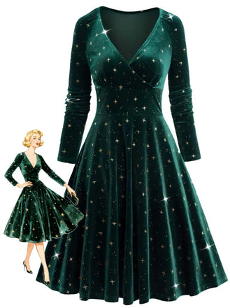 She slips into this Dark Green 1940s V-Neck Star Velvet Dress and suddenly it's a 1940s daydream