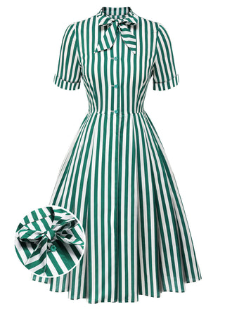 Dark Green 1950s Tie Neck Striped Dress, vintage dress, retro fashion, rockabilly, pin-up fashion - perfect for women who love vintage and retro fashion