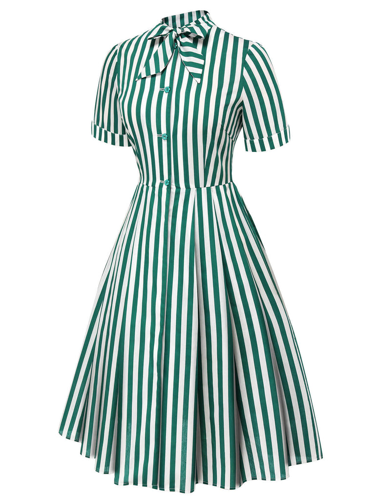 Dark Green 1950s Tie Neck Striped Dress Dark Green 1950s Tie Neck Striped Dress