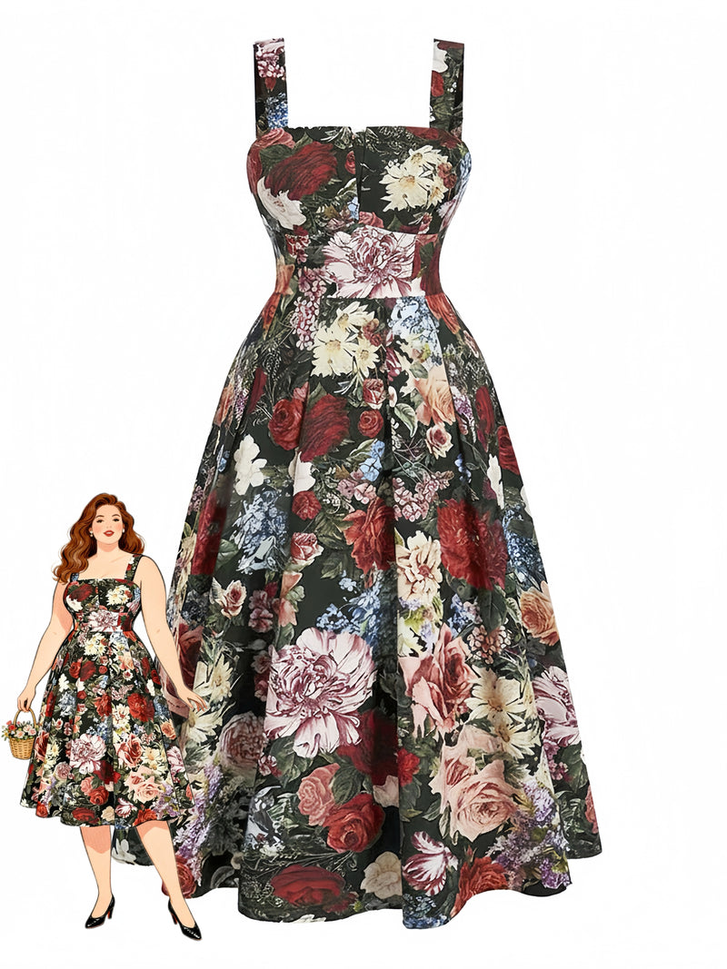 Plus Size] Dark Green 1960s Rose Square Neck Swing Dress | Retro Stage