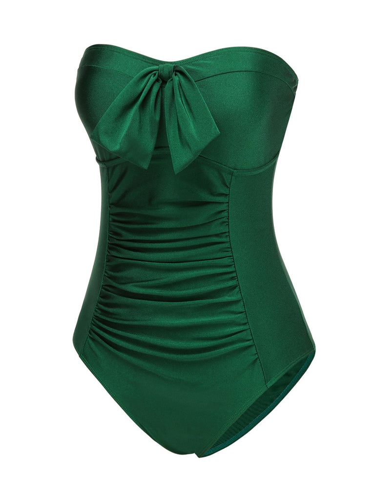 This Dark Green 1970s Solid Pleated Bandeau Swimsuit carries 1970s vacation dreams in every stitch