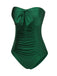 This Dark Green 1970s Solid Pleated Bandeau Swimsuit carries 1970s vacation dreams in every stitch