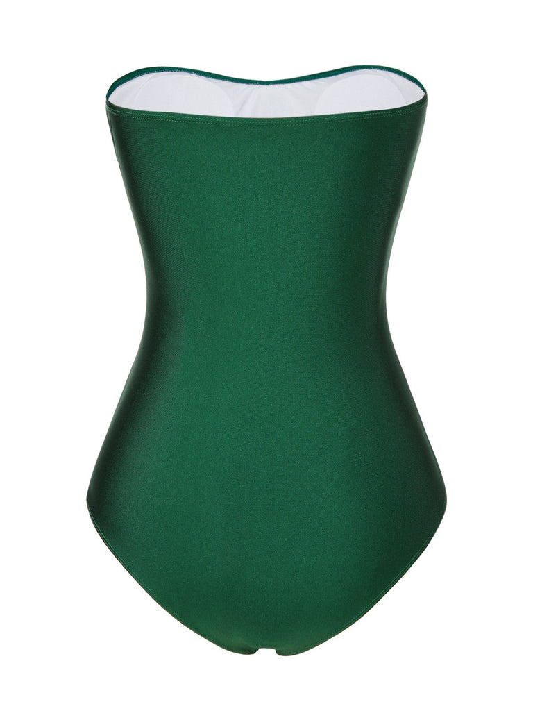 Dark Green 1970s Solid Pleated Bandeau Swimsuit — because 1970s glamour never goes out of style