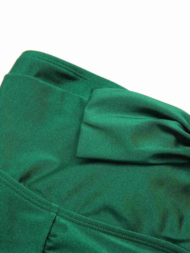 Dark Green 1970s Solid Pleated Bandeau Swimsuit — 1970s poolside glamour meets sun-drenched confidence