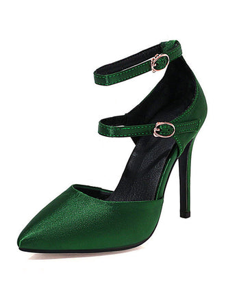 Dark Green Satin Double Buckle Belts High Heel Shoes: timeless style reimagined