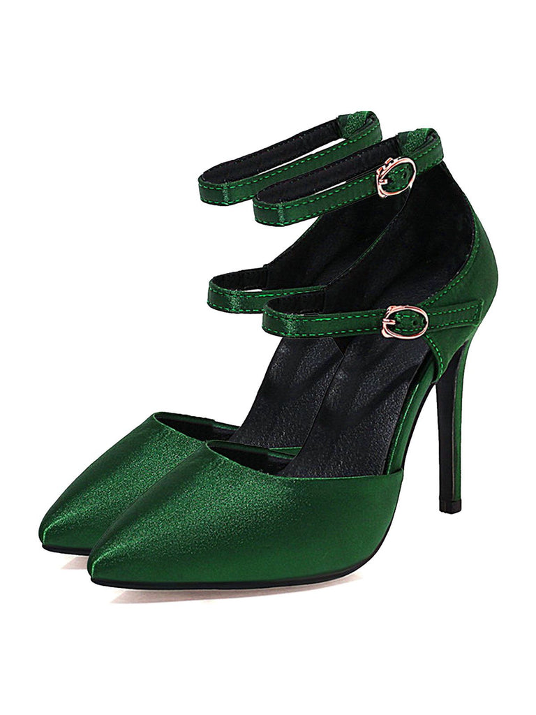 Dark Green Satin Double Buckle Belts High Heel Shoes: timeless style reimagined