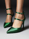 Dark Green Satin Double Buckle Belts High Heel Shoes: timeless style reimagined
