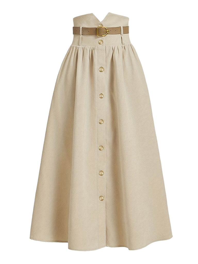 Dark Khaki 1940s Solid Button Belt Pleated Skirt - vintage skirt, retro style