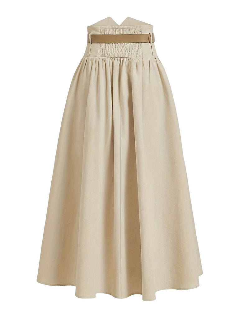 Dark Khaki 1940s Solid Button Belt Pleated Skirt - vintage skirt, retro style