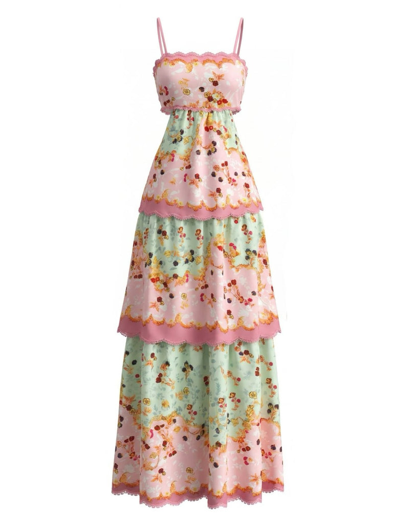 Dark Pink 1930s Floral Tiered Maxi Dress Dark Pink 1930s Floral Tiered Maxi Dress