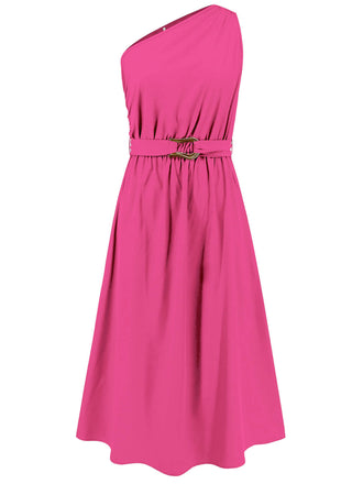 She slips into this Dark Pink 1940s Solid One Shoulder Dress and suddenly it's a 1940s daydream