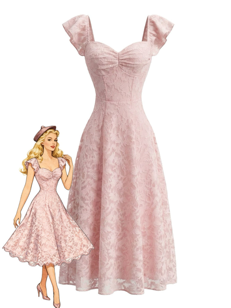 Vintage Retro Style Sweetheart Neck Jacquard Lace Ruffle Sleeve Milkmaid Dress Pink Vintage Retro Style Sweetheart Neck Jacquard Lace Ruffle Sleeve Milkmaid Dress Pink