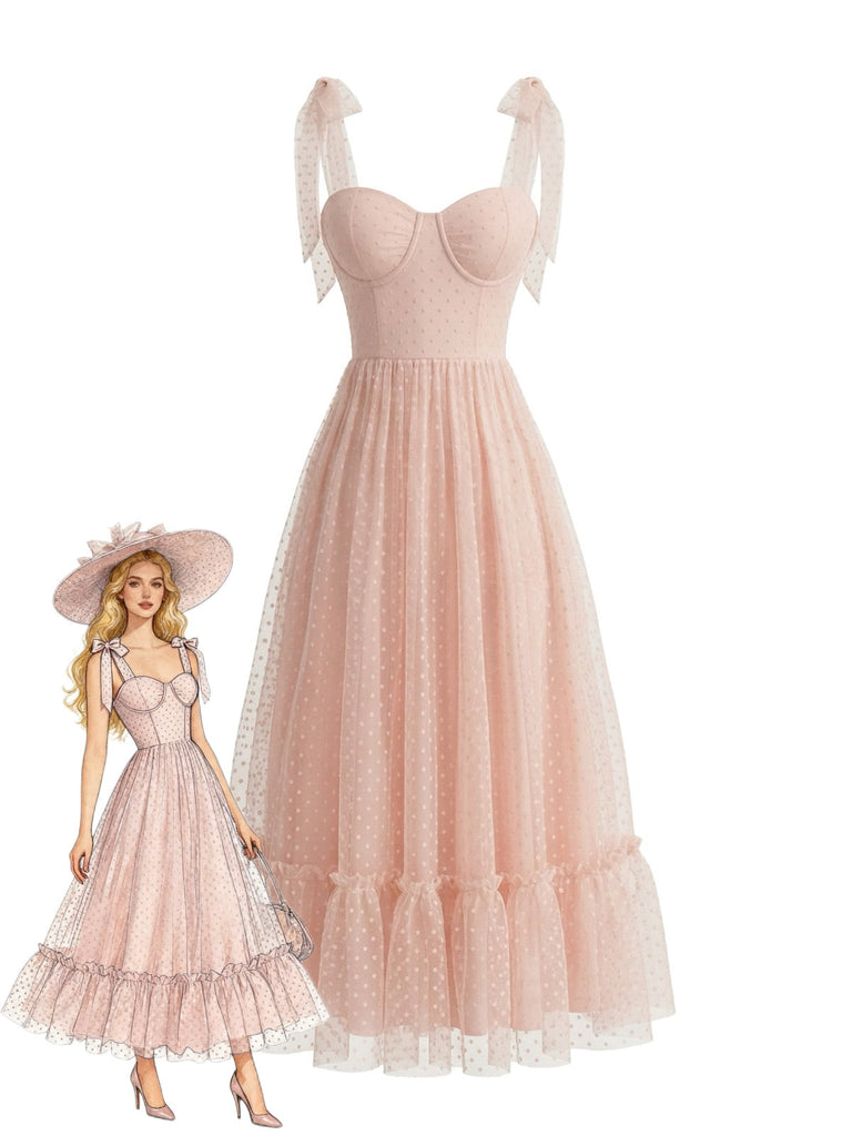 Dark Pink 1950s Swiss Dot Puff Sleeve Maxi Dress - vintage dress, retro fashion, rockabilly