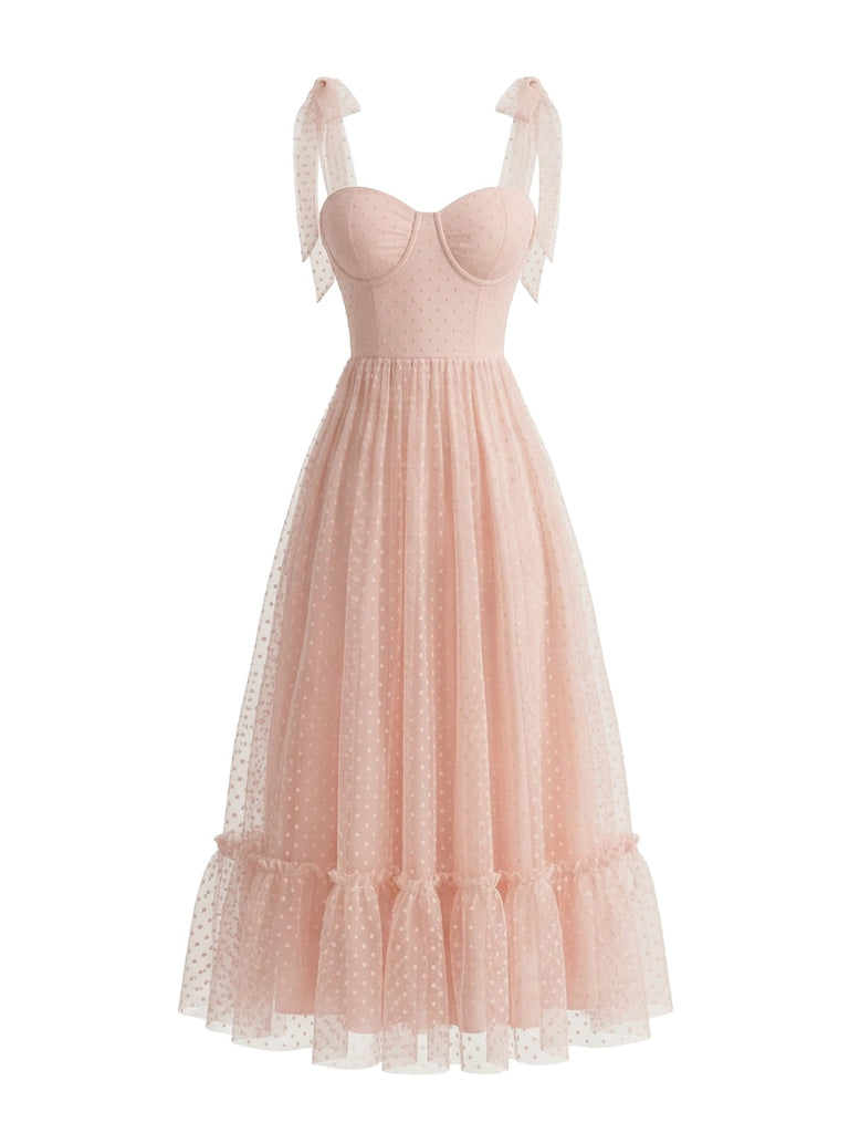 Dark Pink 1950s Swiss Dot Puff Sleeve Maxi Dress - vintage dress, retro fashion, rockabilly
