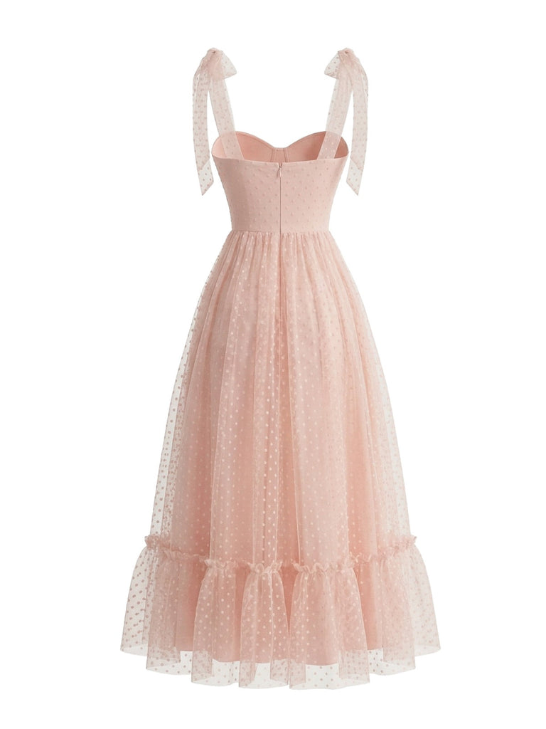 Dark Pink 1950s Swiss Dot Puff Sleeve Maxi Dress - vintage dress, retro fashion, rockabilly