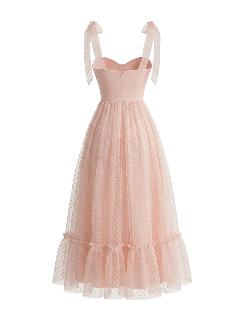 Dark Pink 1950s Swiss Dot Puff Sleeve Maxi Dress