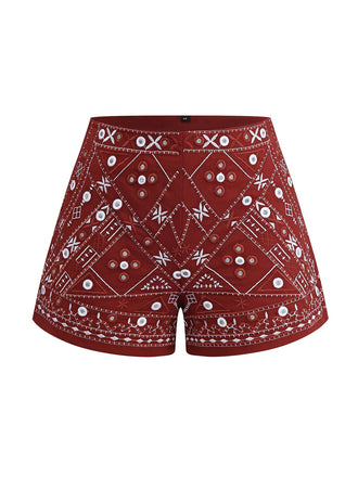 Dark Red 1970s Embroidered Boho Shorts - vintage fashion, retro style, elegant red
