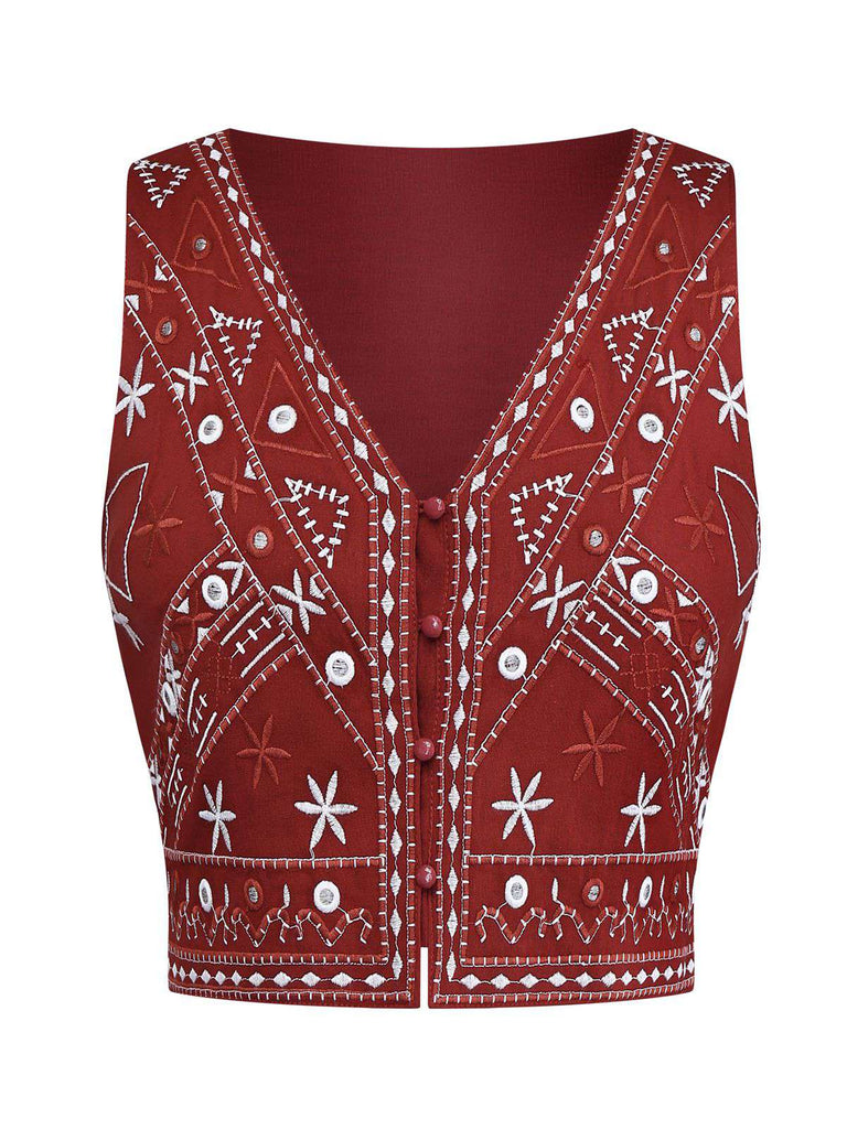 Dark Red 1970s Embroidered Boho Vest - vintage fashion, retro style, elegant red