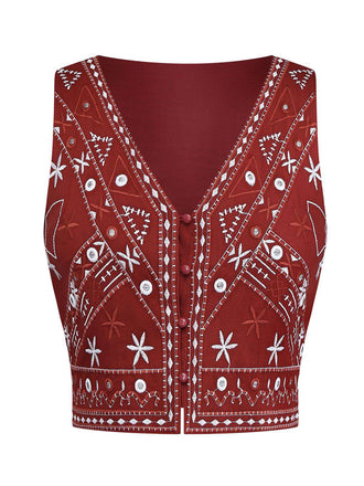 Dark Red 1970s Embroidered Boho Vest - vintage fashion, retro style, elegant red