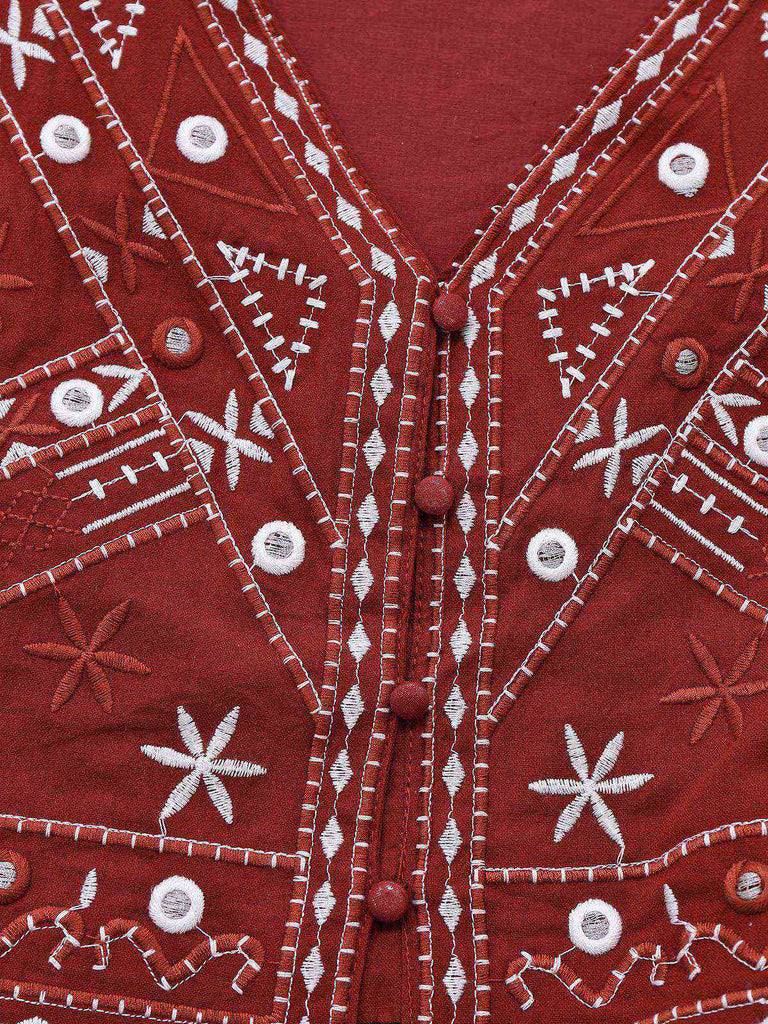Dark Red 1970s Embroidered Boho Vest - vintage fashion, retro style, elegant red
