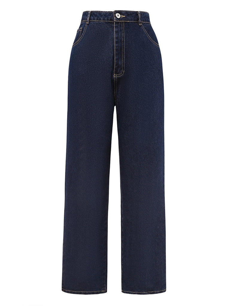 Deep Blue 1950s Denim Straight Leg Pants - vintage fashion, retro style