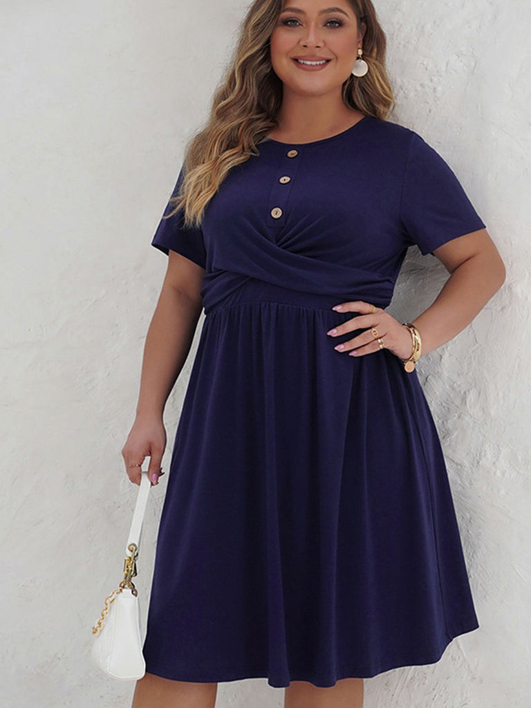 She slips into this Deep Blue 1950s Solid Front Cross Dress and suddenly it's a 1950s daydream