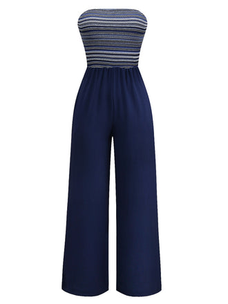 She finds her 1950s story in this Deep Blue 1950s Stripes Bandeau Jumpsuit