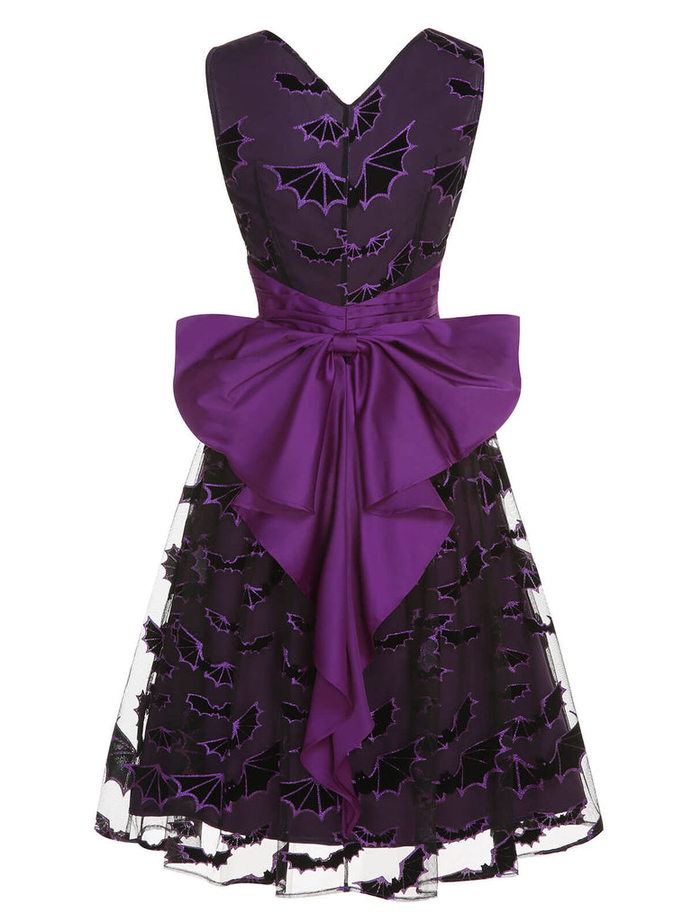 purple black tie dress Halloween V-neck Bat Print Back-Bow Dress Deep Purple,S