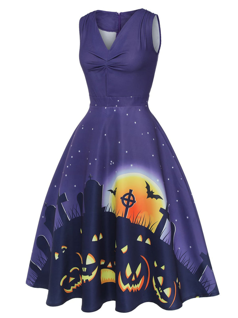 Deep Purple 1950s Halloween V-Neck Swing Dress, vintage dress, retro fashion, rockabilly, pin-up fashion - perfect for women who love vintage and retro fashion