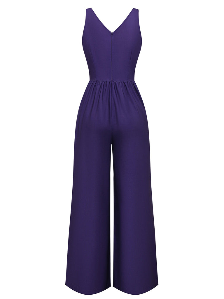 Deep Purple 1970s V-Neck Floral Boho Jumpsuit - vintage jumpsuit, retro fashion
