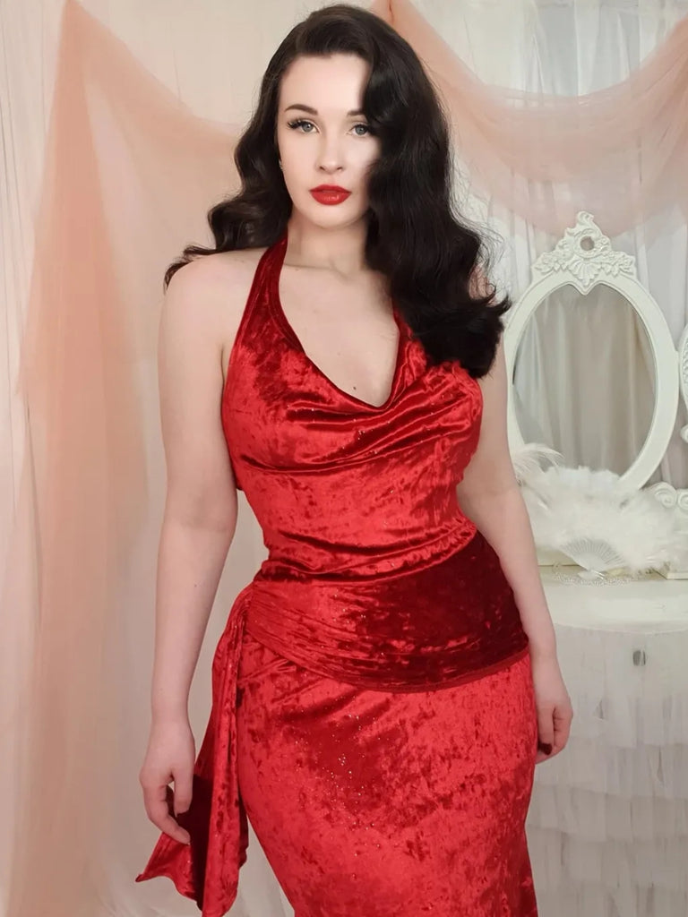 She slips into this Deep Red 1930s Glitter Cowl Neck Mermaid Dress and suddenly it's a 1930s daydream